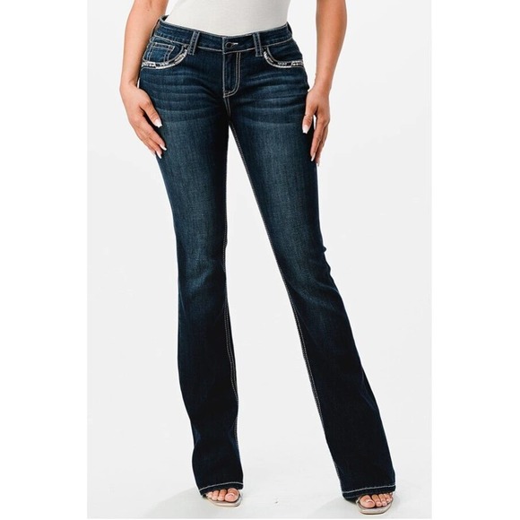 Grace in LA Womens Horseshoe Embroidered Distressed Pocket Bootcut Stretch Jeans - Picture 2 of 3